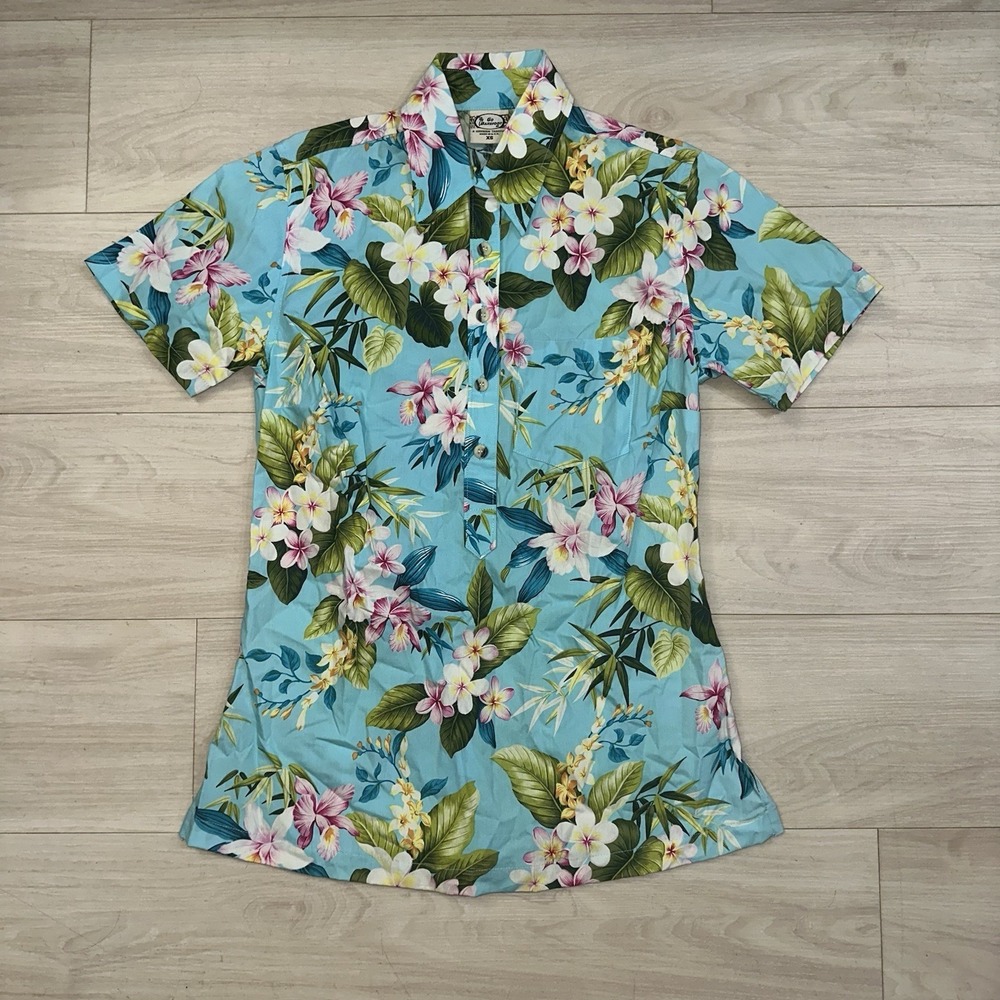 Vintage Go Barefoot Hawaiian Floral Shirt Women's Size XS USA Made Blue Lillie